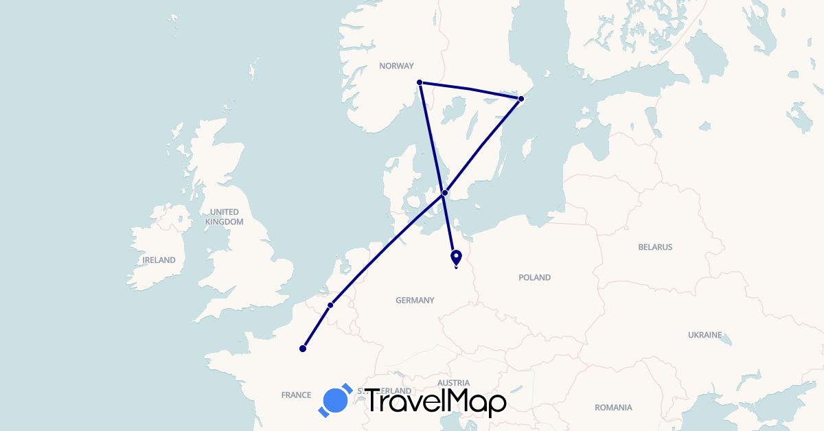 TravelMap itinerary: driving in Belgium, Germany, Denmark, France, Norway, Sweden (Europe)